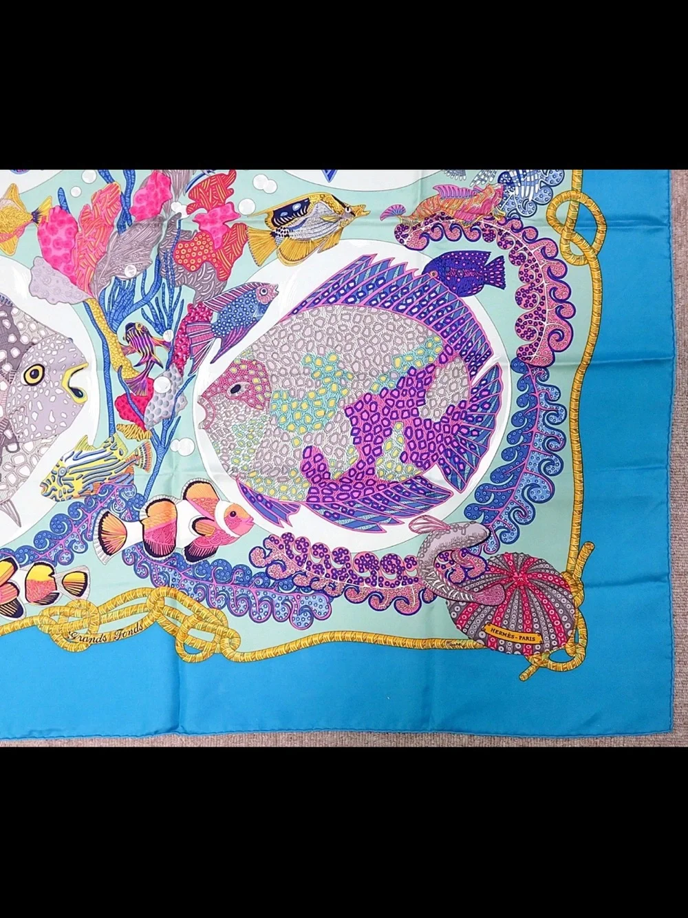 Hermes Turquoise Blue Marine Life Silk Scarf with Multicolor Fish